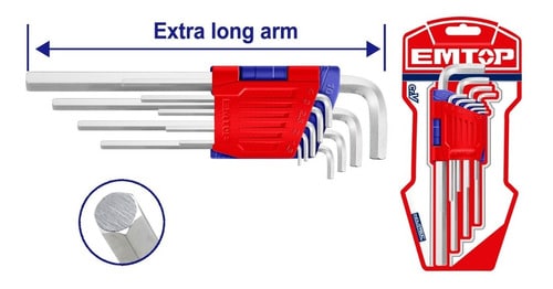 Juego de llaves allen INDUSTRIAL extralargas Cr-v 9pzs 1,5-10mm EMTOP EHKY1092