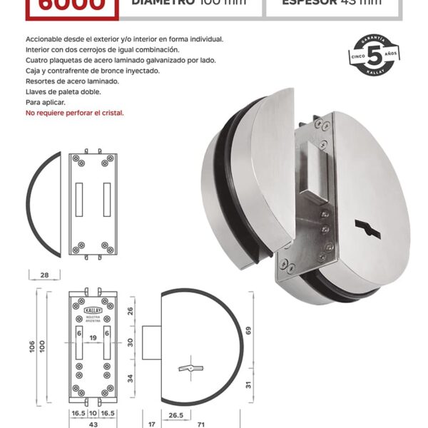 CERRADURA PUERTA CRISTAL KALLAY 6100