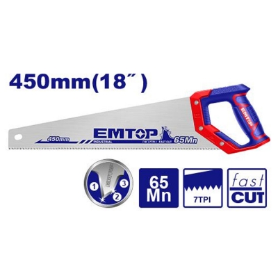 Serrucho carpintero INDUSTRIAL 450mm 65 Manganeso 7TPI triple afilado EMTOP EHAS4502