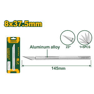 Bisturi de precisión para hobby - Cuerpo de aleación de aluminio - 5 cuchillas adicionales - Tamaño de la hoja: 8mm x 37,5mm (23°) - Longitud: 145mm JADEVER