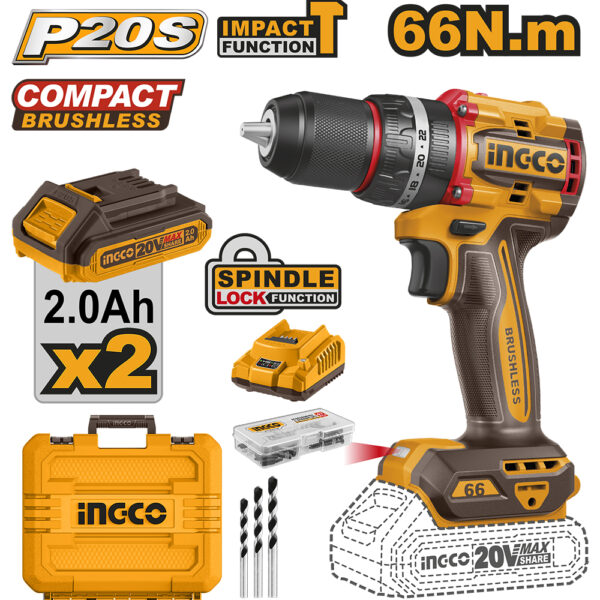 TALADRO ATORNILLADOR PERCUTOR COMPACTO 13MM 66NM (P20S) 20V SIN CARBONES + 2 BATERIAS 2AH + CARGADOR 2AH INDUSTRIAL INGCO