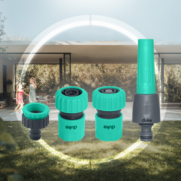 Set 4 PZS manguera 3/4" DUKE lanza+acoples+pico