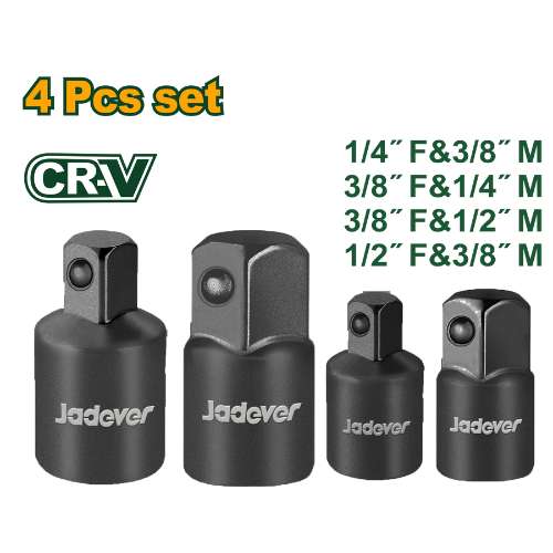 KIT VASOS IMPACTO 4 PZS 1/2'' -  TAMAÑOS: 1/4''(F) Y 3/8''(M), 3/8''(F) Y 1/4''(M), 3/8''(F) Y 1/2''(M) 1/2''(H) Y 3/8''(M) - ACERO 50BV30 (CR-V) + TRAT. TÉRMICO JADEVER
