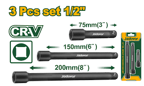 KIT DE BARRAS DE EXTENSIÓN DE IMPACTO DE 1/2'' - INCLUYE: 1 BARRA DE 3'' + 1 BARRA DE 6'' + 1 BARRA DE 8'' - ACERO 50BV30 (CR-V) + TRAT. TÉRMICO