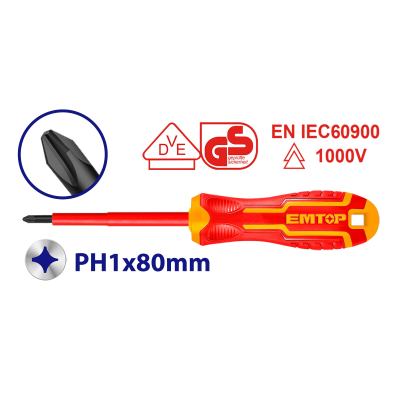 Destornillador 1000V Certif INDUSTRIAL PH1x80mm Cr-v EMTOP ESDRJPH180