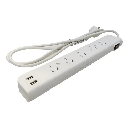 ZAPATILLA 5 TOMAS+2 USB BLANCO, 1,5 MTS CABLE 3X0,75MM, 250V, 10A, 2200W MAX. PROTECTOR TERMICO