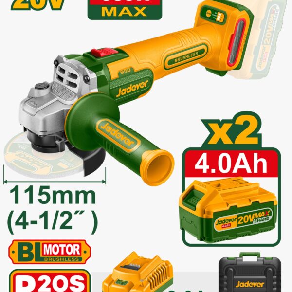 AMOLADORA ANGULAR INALÁMBRICA BRUSHLESS 3000/9000 RPM CON DOS BATERÍAS LI-ION 4Ah - 20V - DIÁMETRO D
