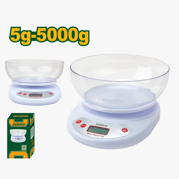 BALANZA ELECTRÓNICA JADEVER (5G - 5000G) G/LB/OZ -20 X 16 X 5CM - 2 PILAS AA - PS - APAGADO AUTOMÁTICO - PANTALLA LCD