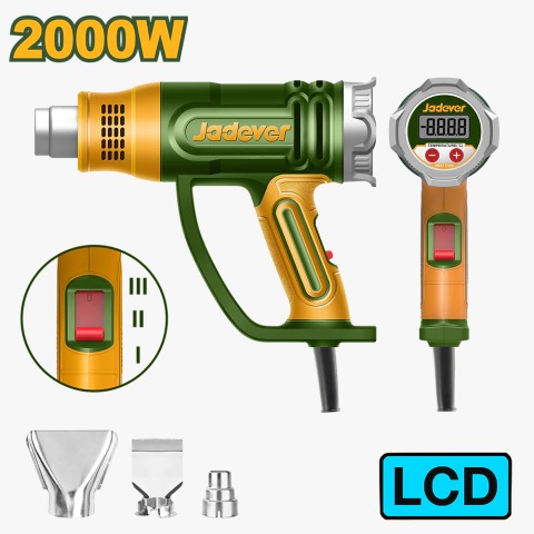 PISTOLA CALOR JADEVER 2000W, 220V-240V~50/60Hz, TEMPERATURA 50/50-600/50-600°C, FLUJO DE AIRE 450/300/450 L/MIN, INCLUYE TRES BOQUILLAS, UN RASCADOR
