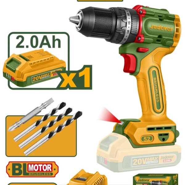TALADRO ATORNILLADOR IMPACTO 52 NM JADEVER M-13 M 22+1+1 INCLUYE: BATERÍAS Y CARGADOR BROCAS